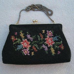 Vintage Black Glass Beaded and Petit Point Purse